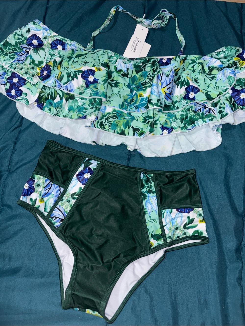 Smismivo - 2 Piece Floral Ruffle Off-Shoulder High-Waist Bikini Set - size S